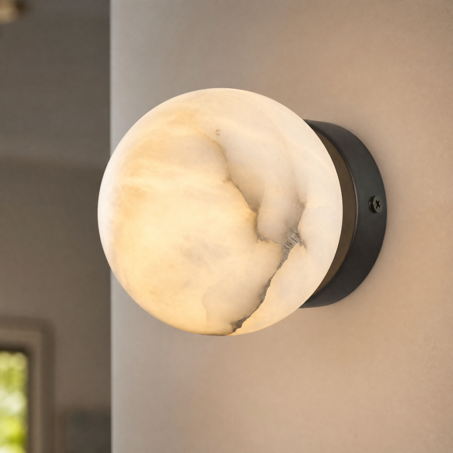 Luna Disc Compact Orb Alabaster Black Wall Sconce