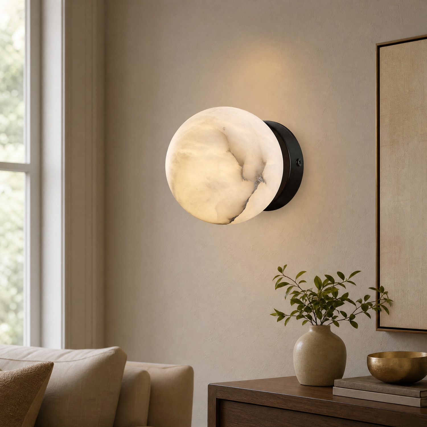 Luna Disc Compact Orb Alabaster Black Wall Sconce