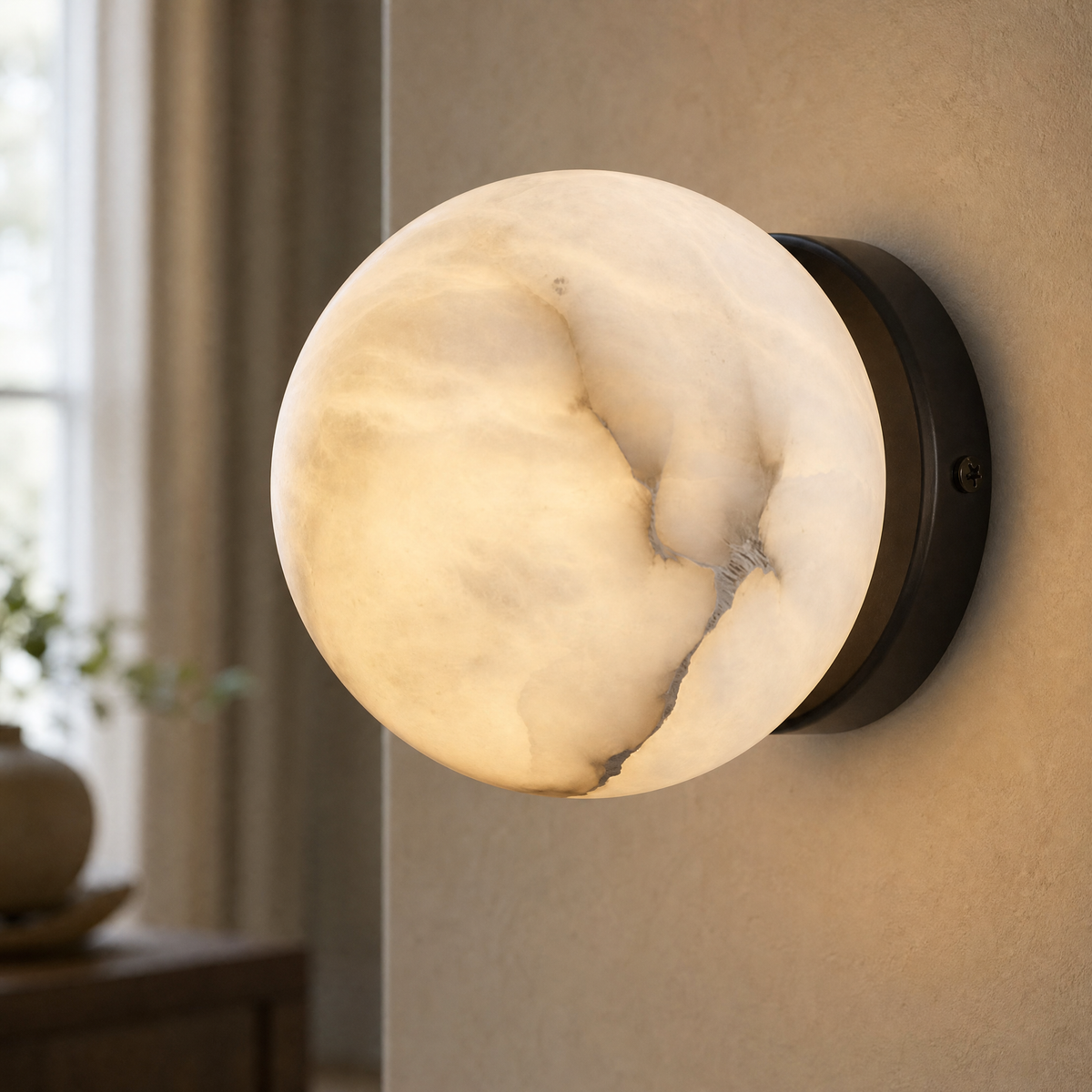 Luna Disc Compact Orb Alabaster Black Wall Sconce