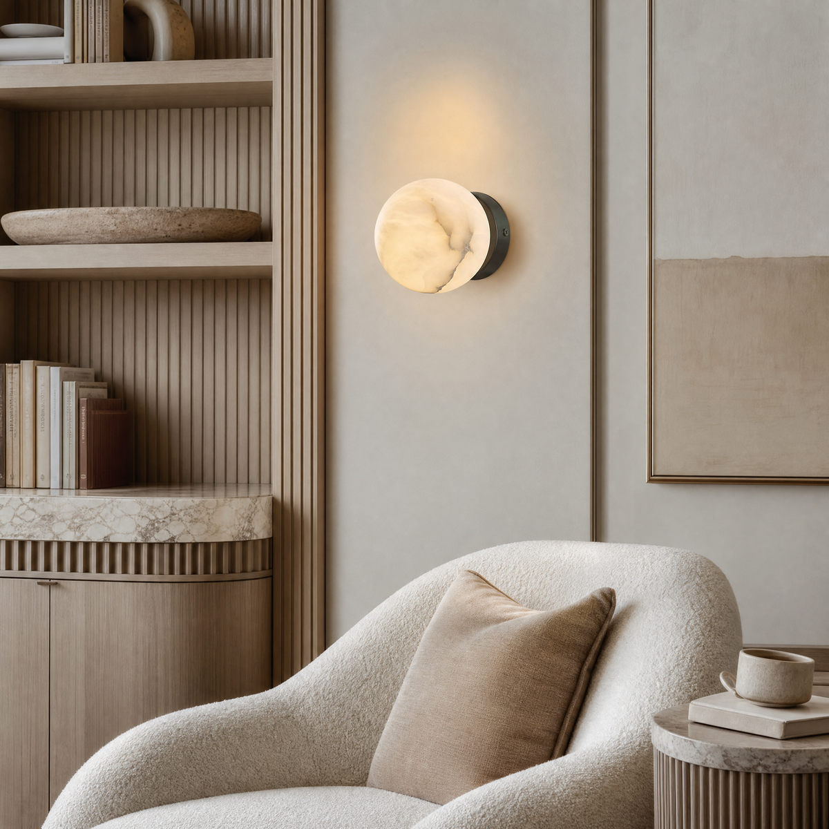 Luna Disc Compact Orb Alabaster Black Wall Sconce