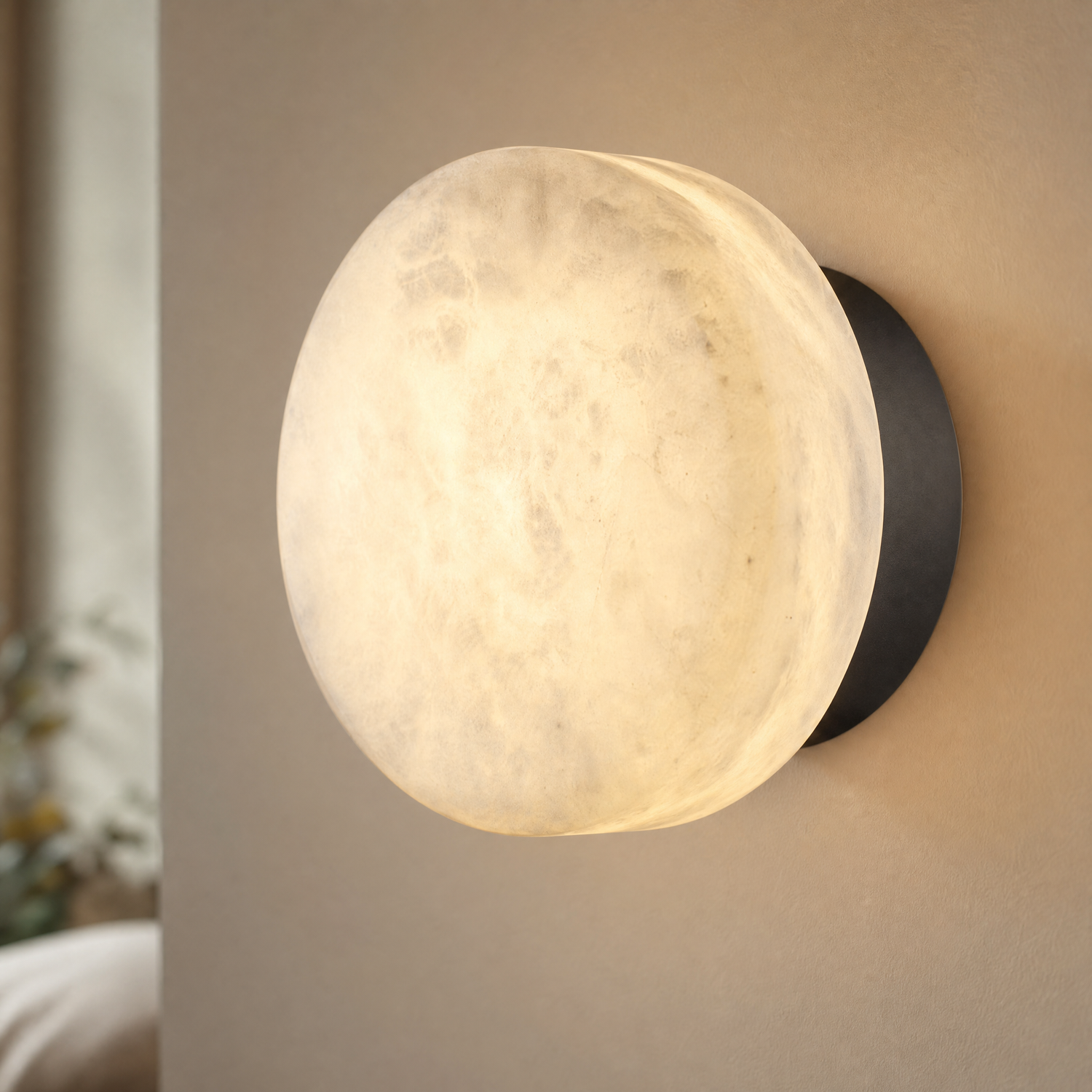 Luna Disc Medium Orb Alabaster Black Wall Sconce