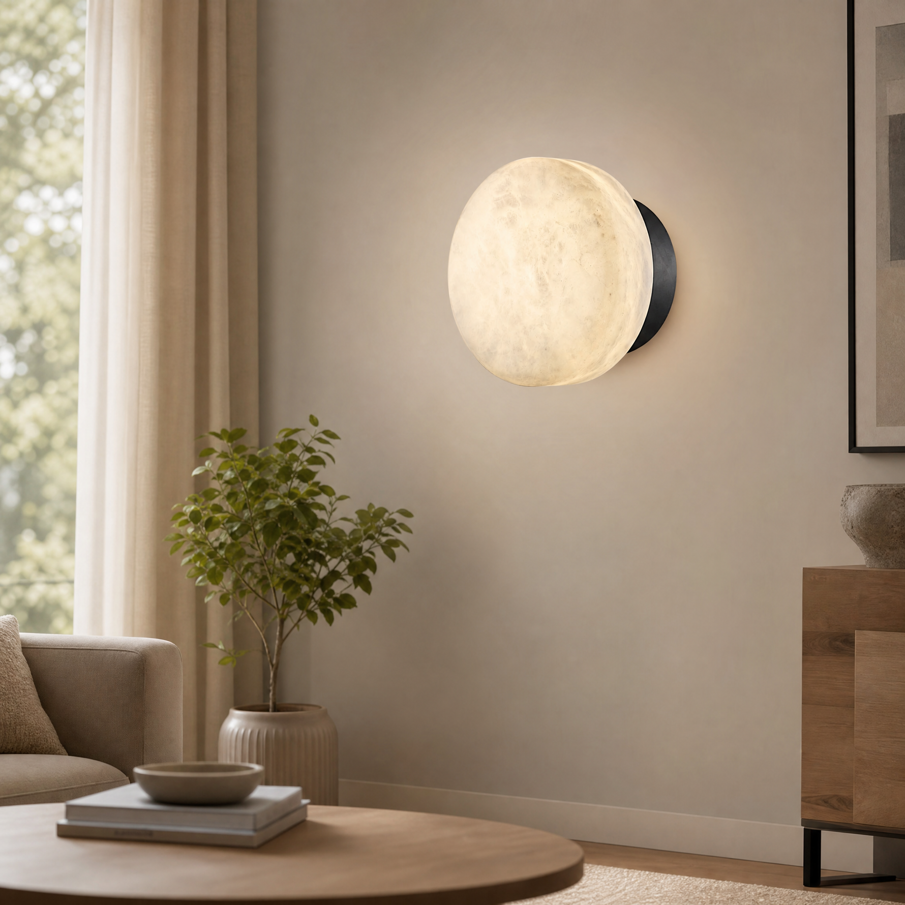 Luna Disc Medium Orb Alabaster Black Wall Sconce