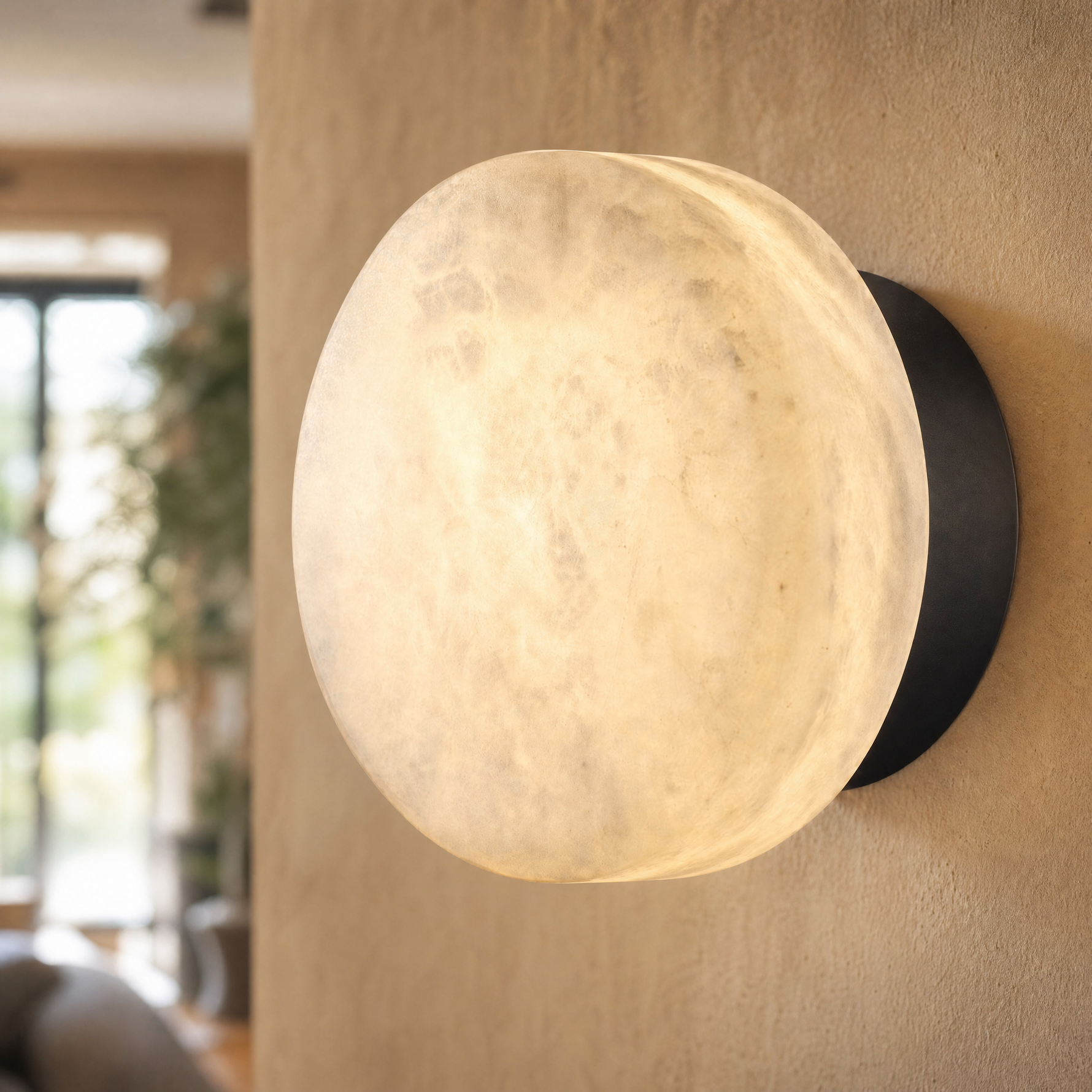 Luna Disc Medium Orb Alabaster Black Wall Sconce