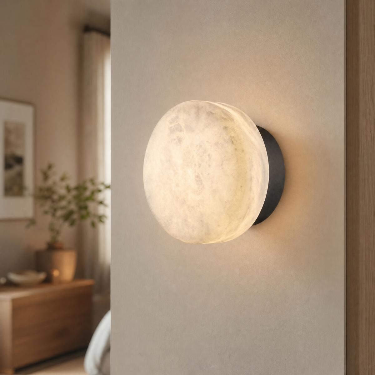 Luna Disc Medium Orb Alabaster Black Wall Sconce