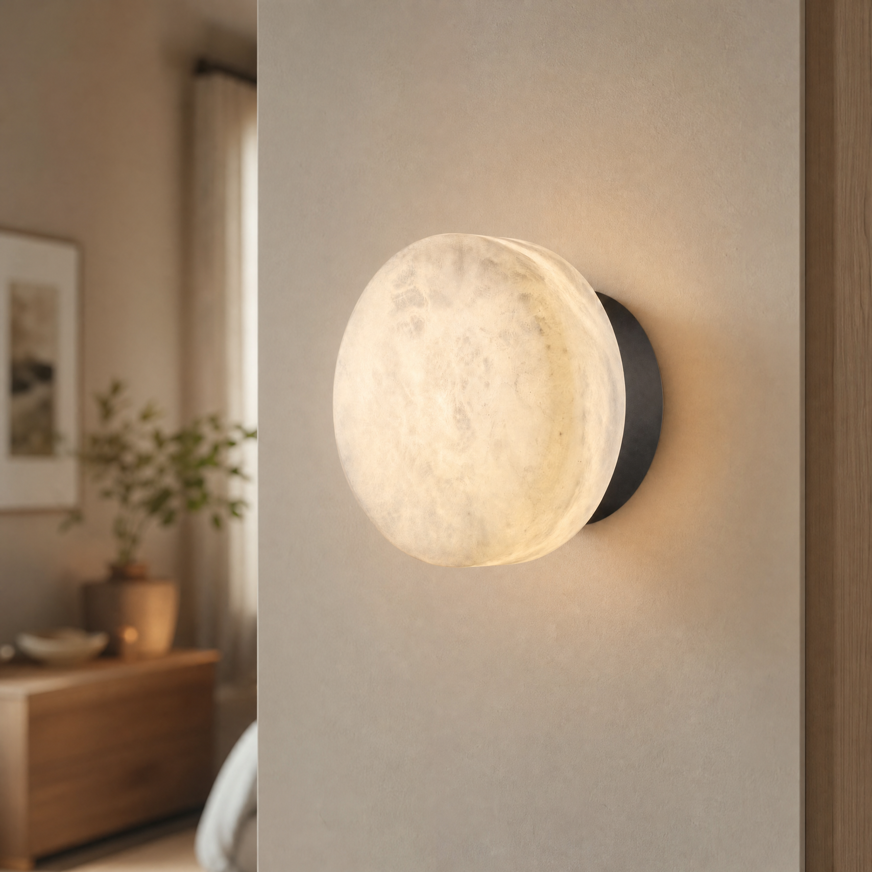 Luna Disc Medium Orb Alabaster Black Wall Sconce