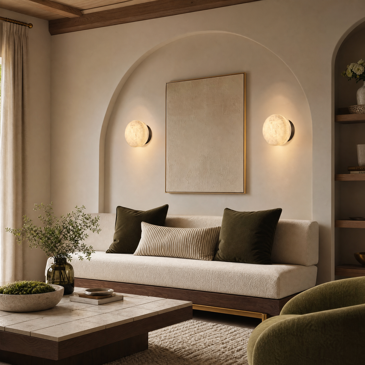 Luna Disc Medium Orb Alabaster Black Wall Sconce
