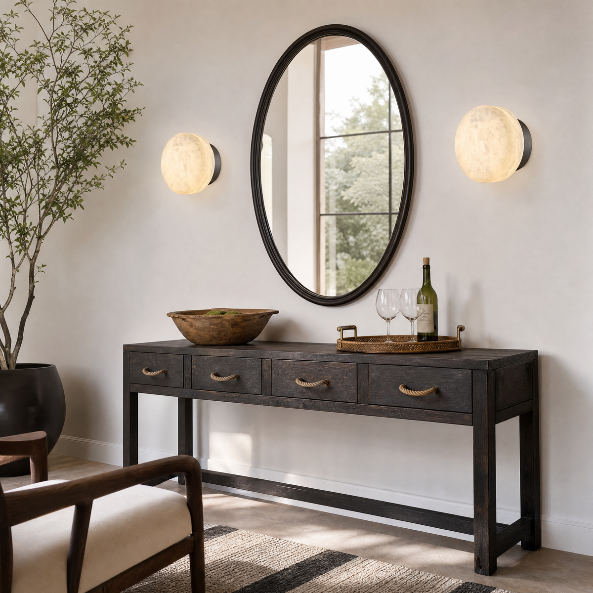 Luna Disc Medium Orb Alabaster Black Wall Sconce