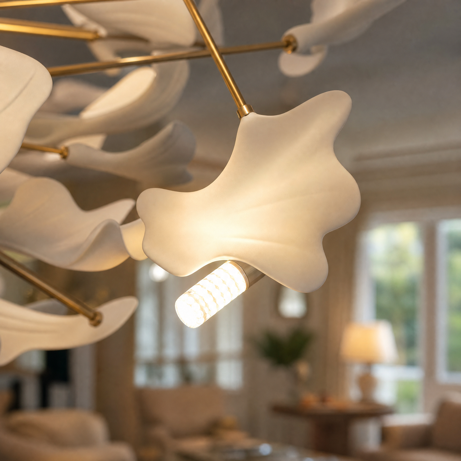 A large circular chandelier featuring numerous white ceramic ginkgo leaves and a gold metal frame hanging from a ceiling.