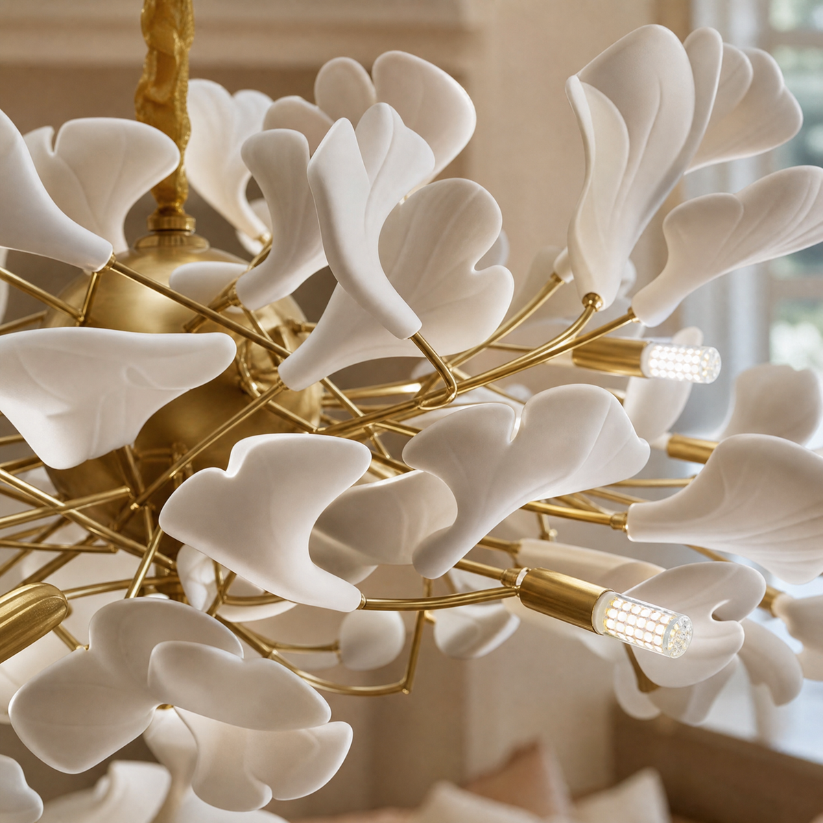 A large circular chandelier featuring numerous white ceramic ginkgo leaves and a gold metal frame hanging from a ceiling.