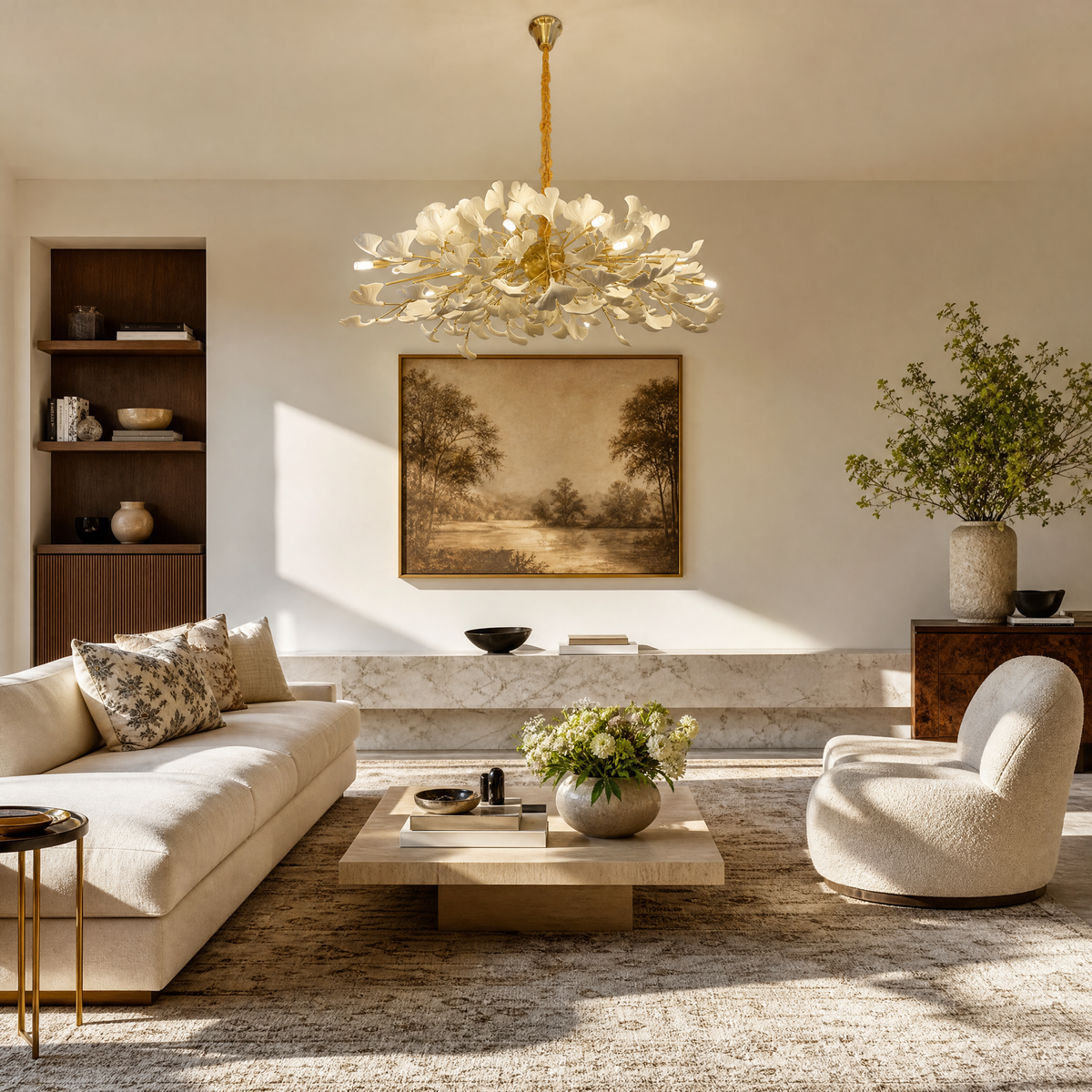 A large circular chandelier featuring numerous white ceramic ginkgo leaves and a gold metal frame hanging from a ceiling.
