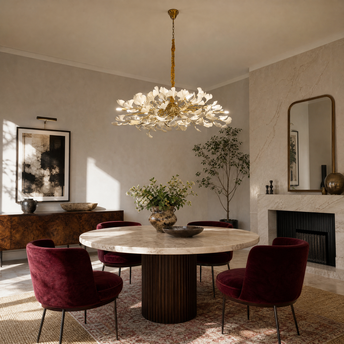A large circular chandelier featuring numerous white ceramic ginkgo leaves and a gold metal frame hanging from a ceiling.