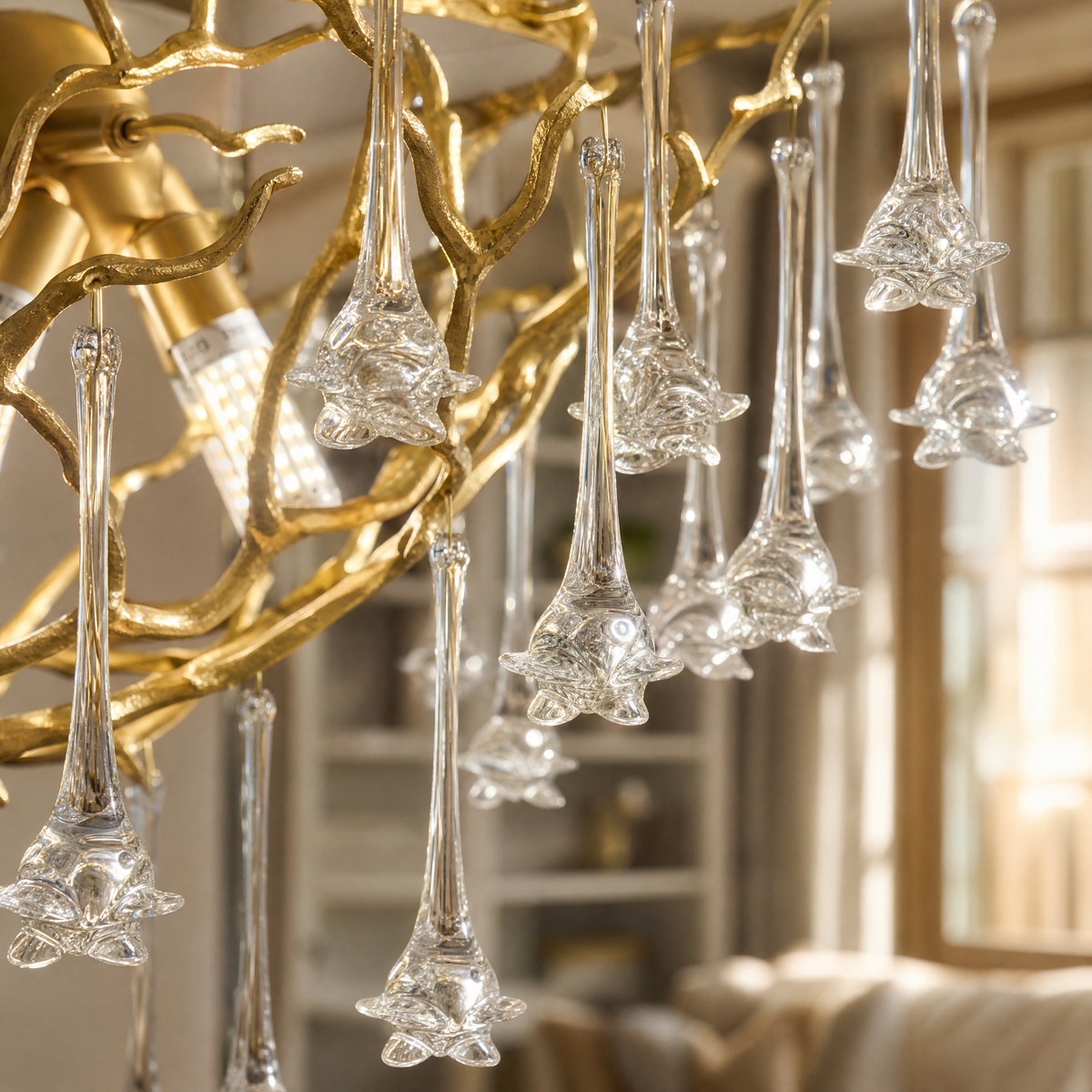 A sculptural wall sconce shaped like a tree branch with a textured gold finish and cascading faceted crystal teardrop prisms.