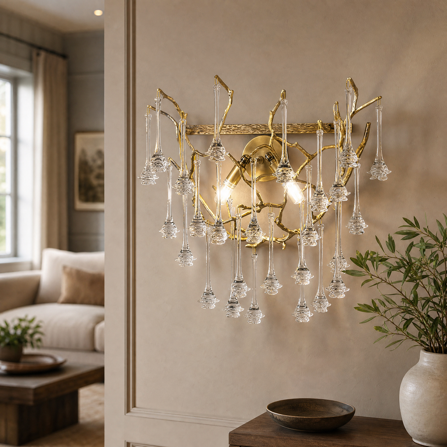 A sculptural wall sconce shaped like a tree branch with a textured gold finish and cascading faceted crystal teardrop prisms.