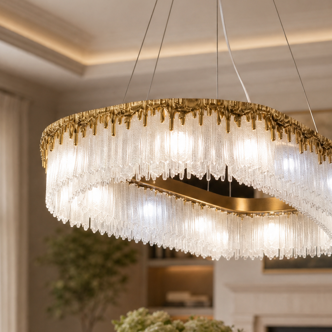An oval crystal fringe chandelier with a warm gold textured metal band and multiple tiers of frosted icicle glass rods.