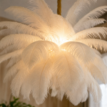 A round pendant chandelier featuring layers of white ostrich feathers and brushed brass hardware hanging in a modern space.