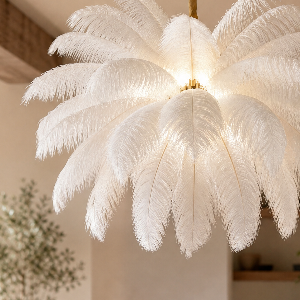A round pendant chandelier featuring layers of white ostrich feathers and brushed brass hardware hanging in a modern space.