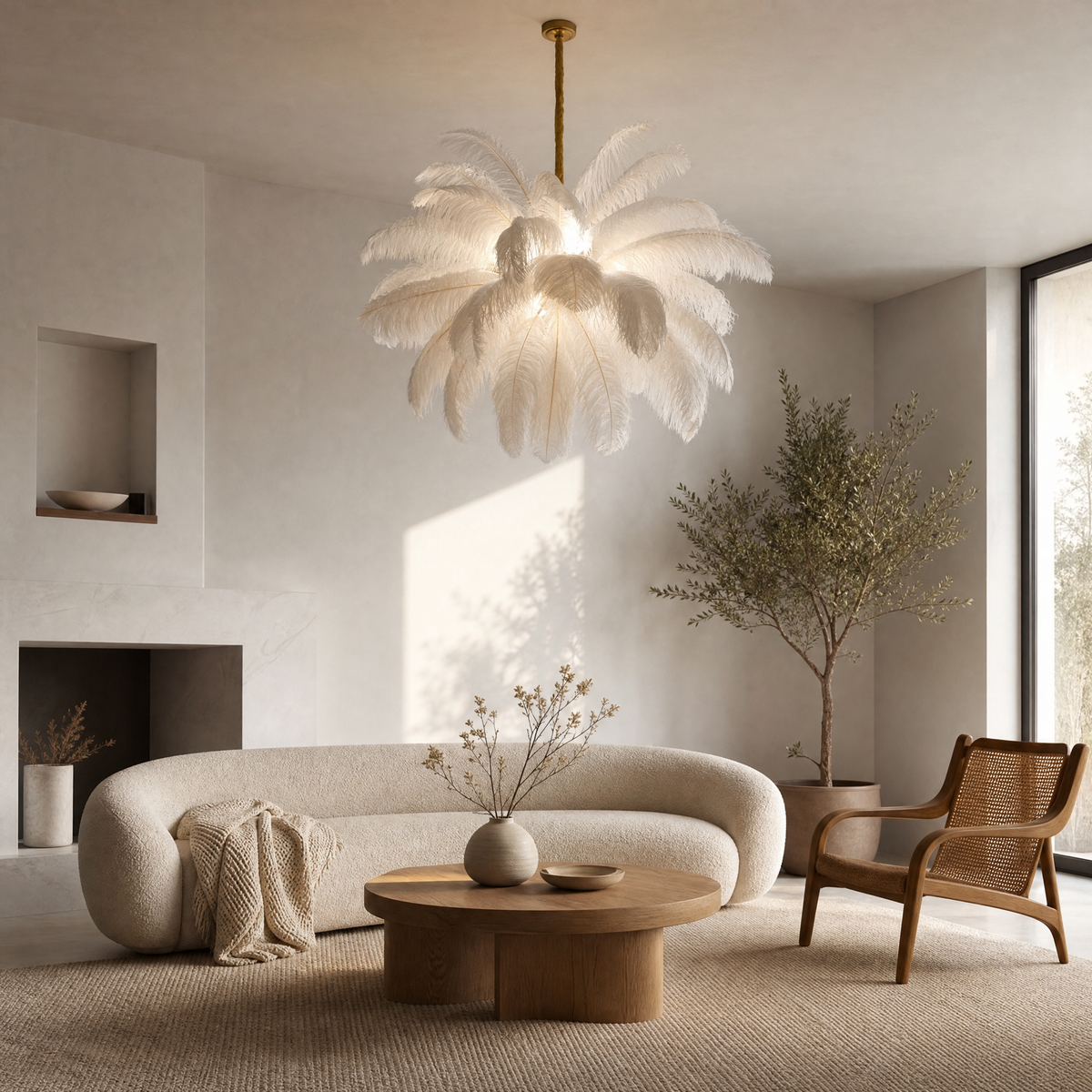A round pendant chandelier featuring layers of white ostrich feathers and brushed brass hardware hanging in a modern space.
