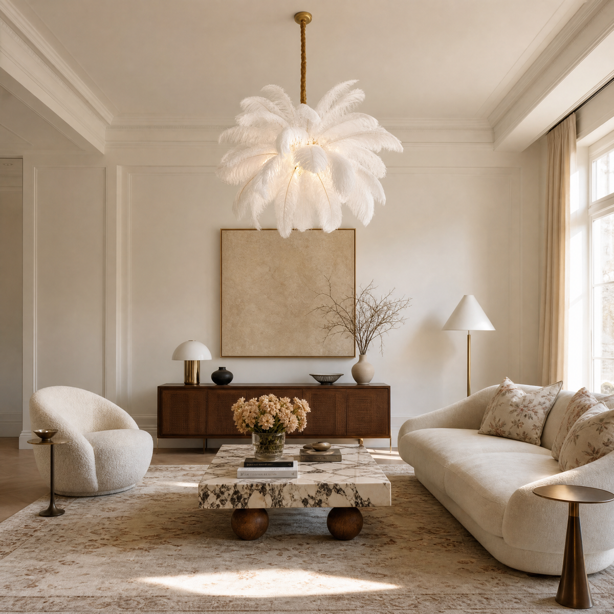 A round pendant chandelier featuring layers of white ostrich feathers and brushed brass hardware hanging in a modern space.