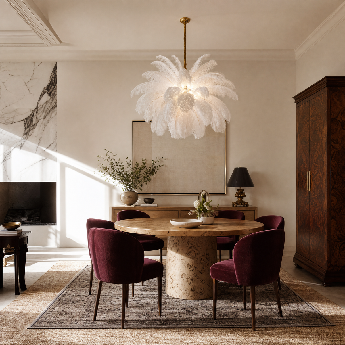 A round pendant chandelier featuring layers of white ostrich feathers and brushed brass hardware hanging in a modern space.