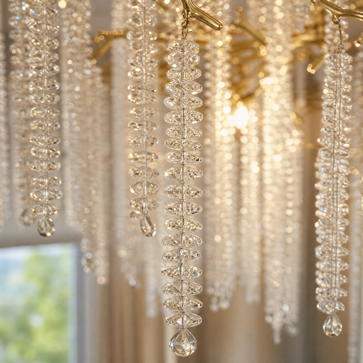 A large gold branch chandelier with tiered cascading crystal raindrop strands hangs against a neutral background.