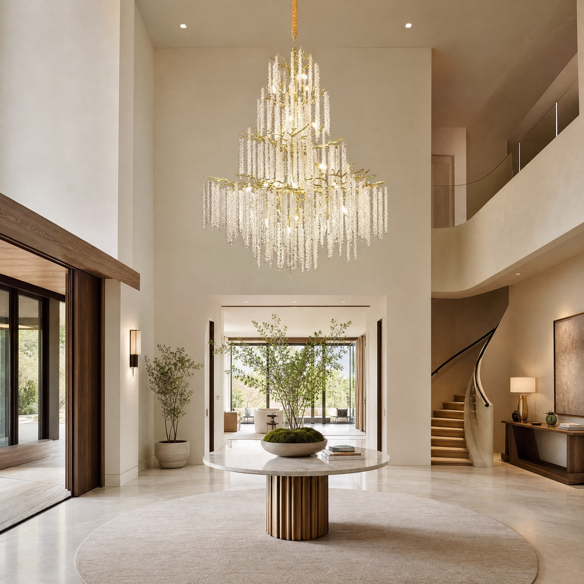 A large gold branch chandelier with tiered cascading crystal raindrop strands hangs against a neutral background.