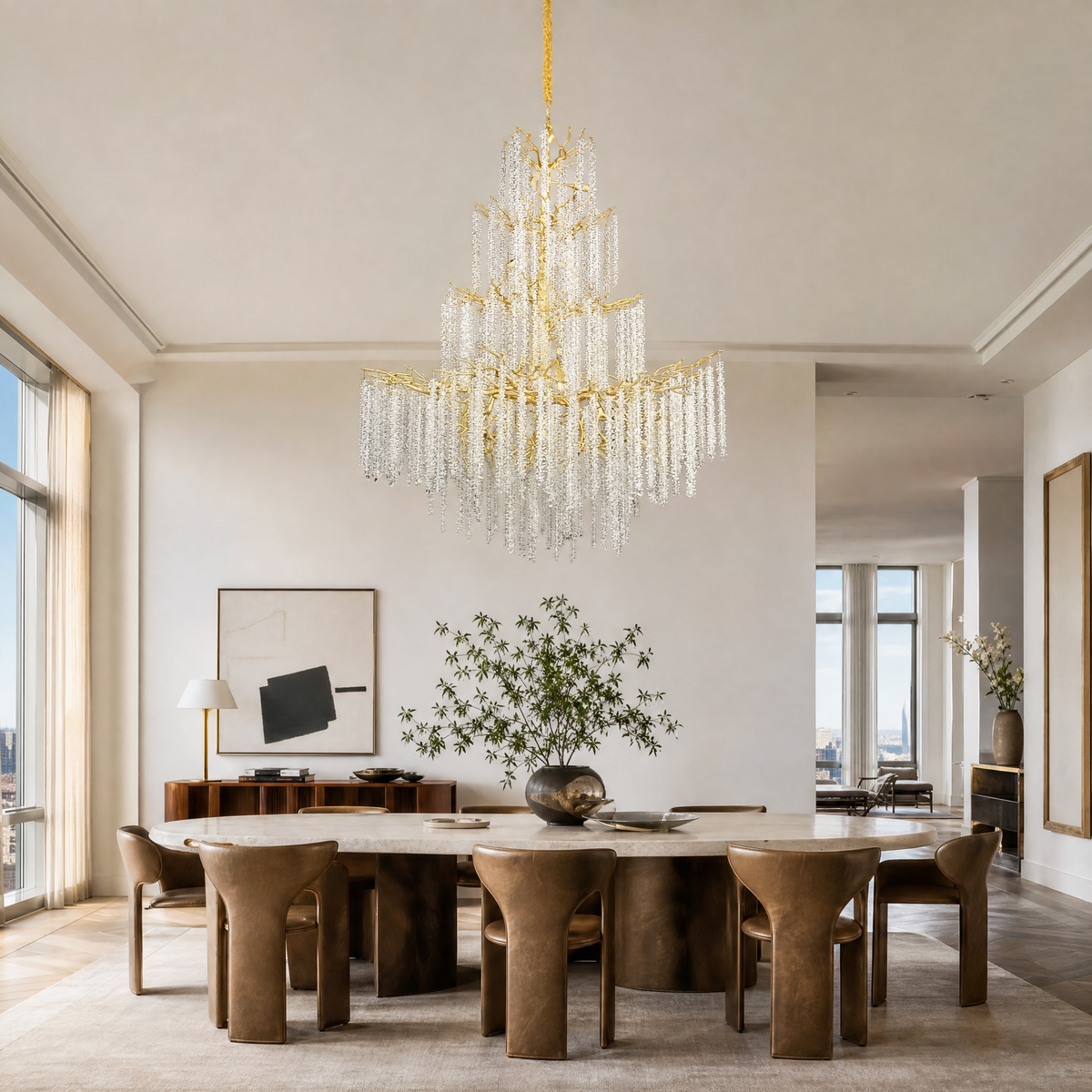 A large gold branch chandelier with tiered cascading crystal raindrop strands hangs against a neutral background.