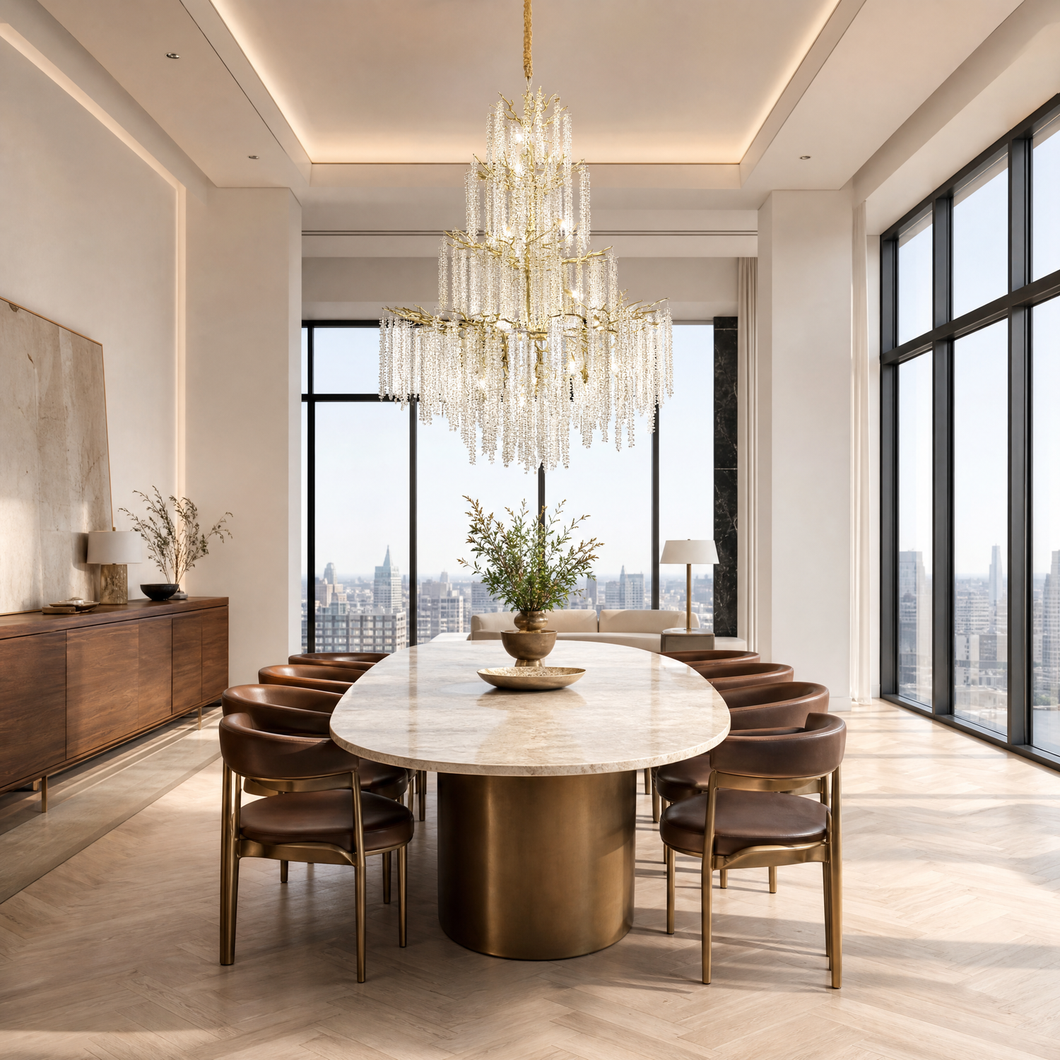 A large gold branch chandelier with tiered cascading crystal raindrop strands hangs against a neutral background.