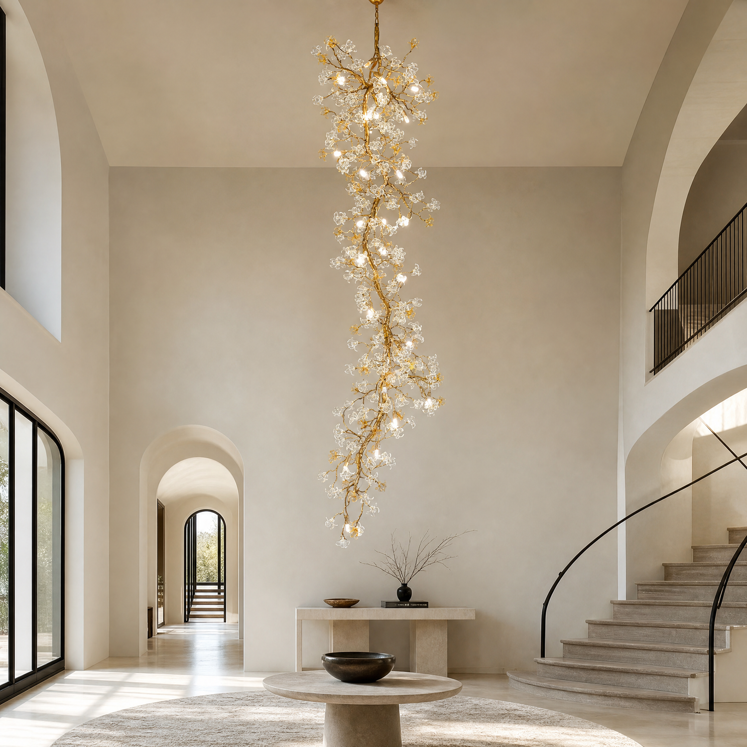 A tall gold cascading chandelier featuring metallic branches and crystal glass blossoms hanging in a high-ceiling space.