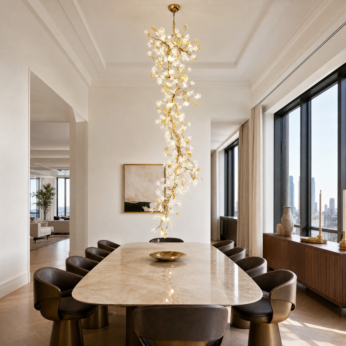 A tall gold cascading chandelier featuring metallic branches and crystal glass blossoms hanging in a high-ceiling space.