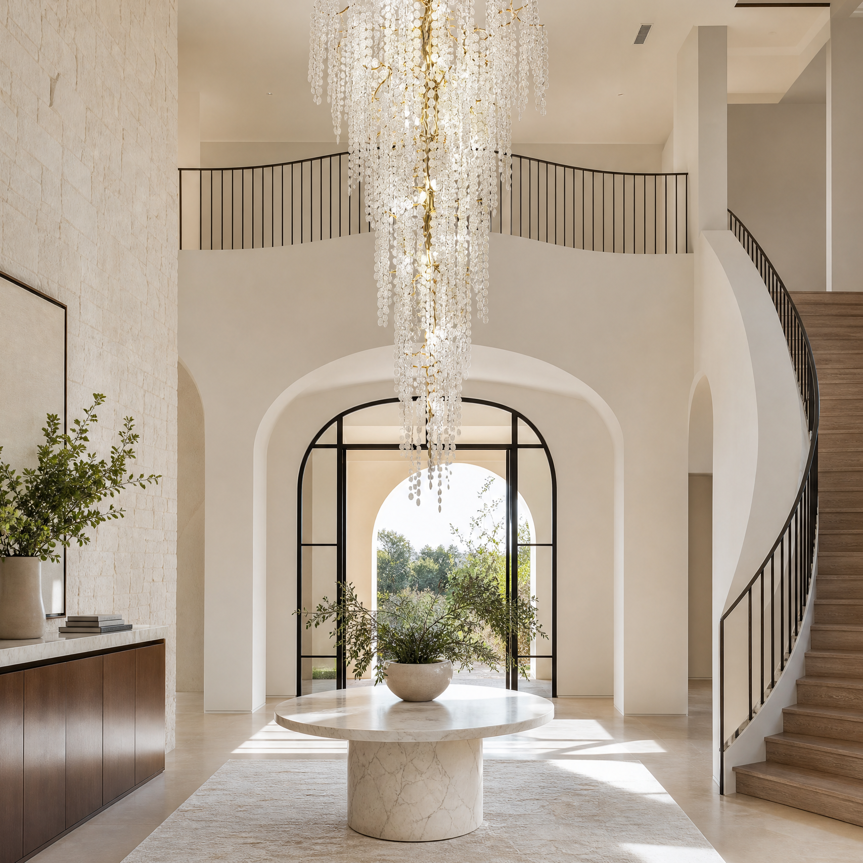 A multi-tiered cascading crystal chandelier with a gold frame hangs in a grand foyer with a curved staircase.