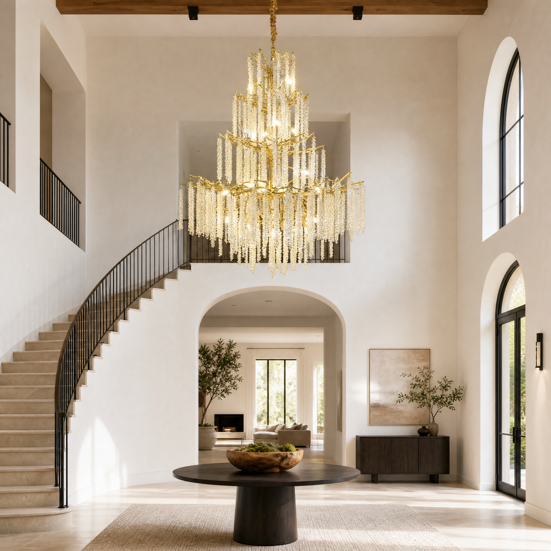 A large, multi-tiered chandelier with a gold branch-like frame and long strands of cascading crystal droplets.