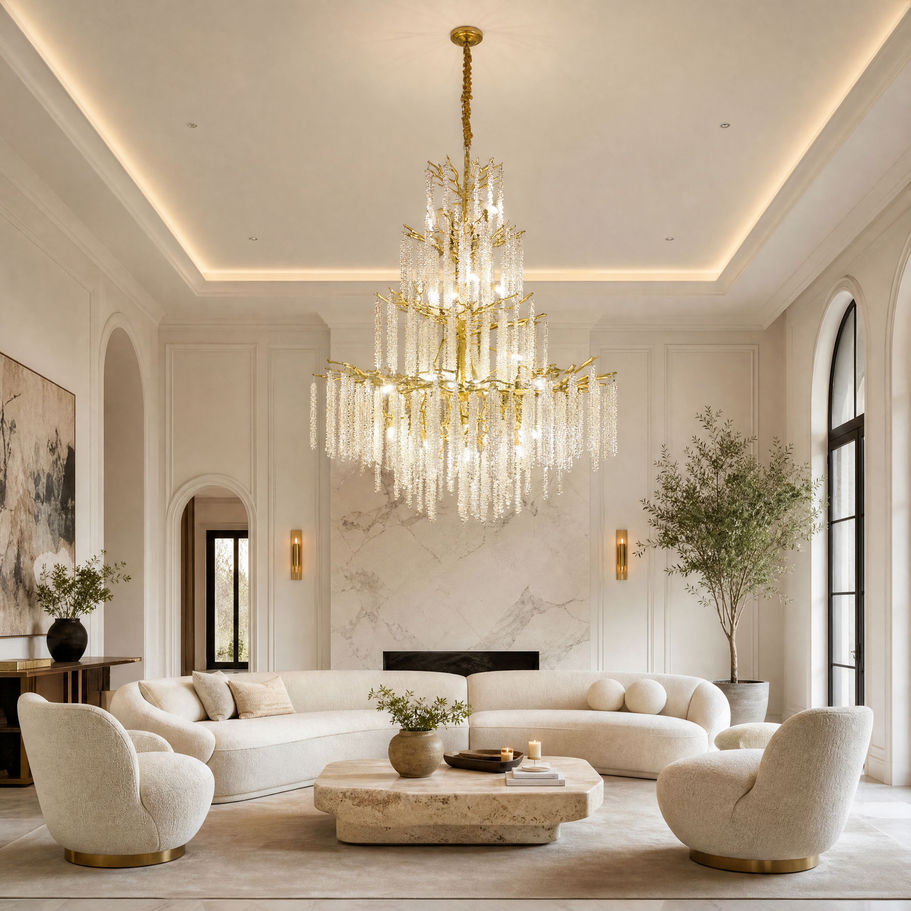 A large, multi-tiered chandelier with a gold branch-like frame and long strands of cascading crystal droplets.