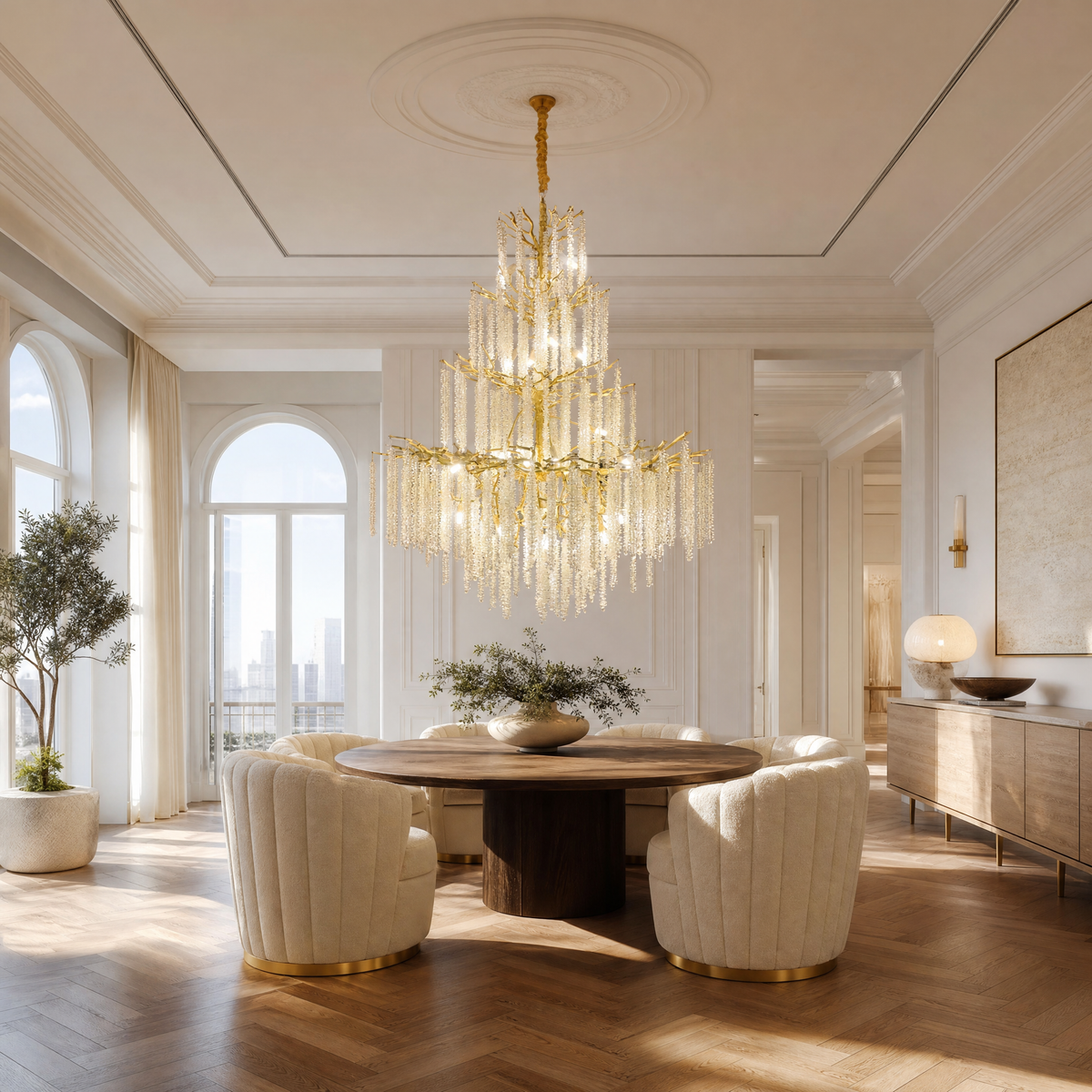 A large, multi-tiered chandelier with a gold branch-like frame and long strands of cascading crystal droplets.