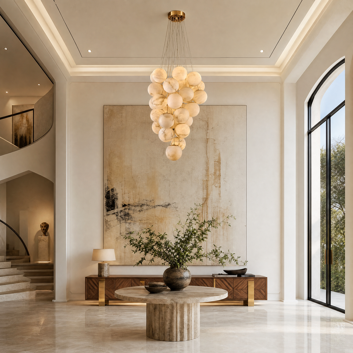 Luxury Gold & White Alabaster Globe Chandelier – 39" Diameter