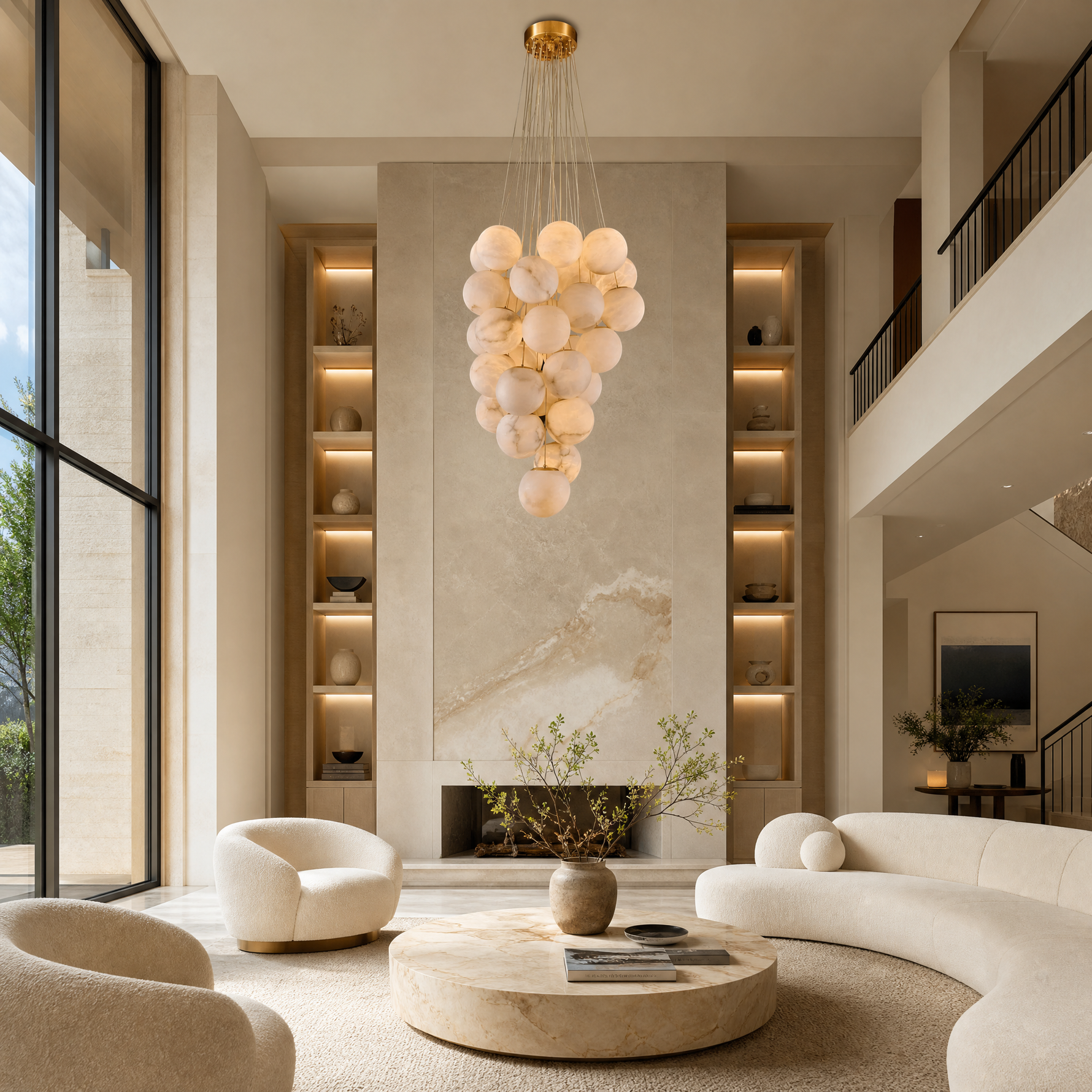 Luxury Gold & White Alabaster Globe Chandelier – 39" Diameter