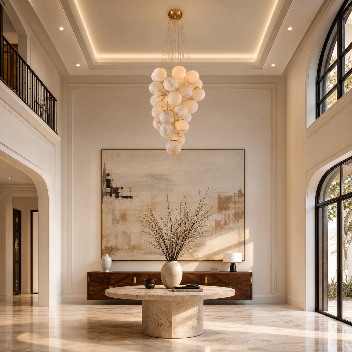 Luxury Gold & White Alabaster Globe Chandelier – 39" Diameter