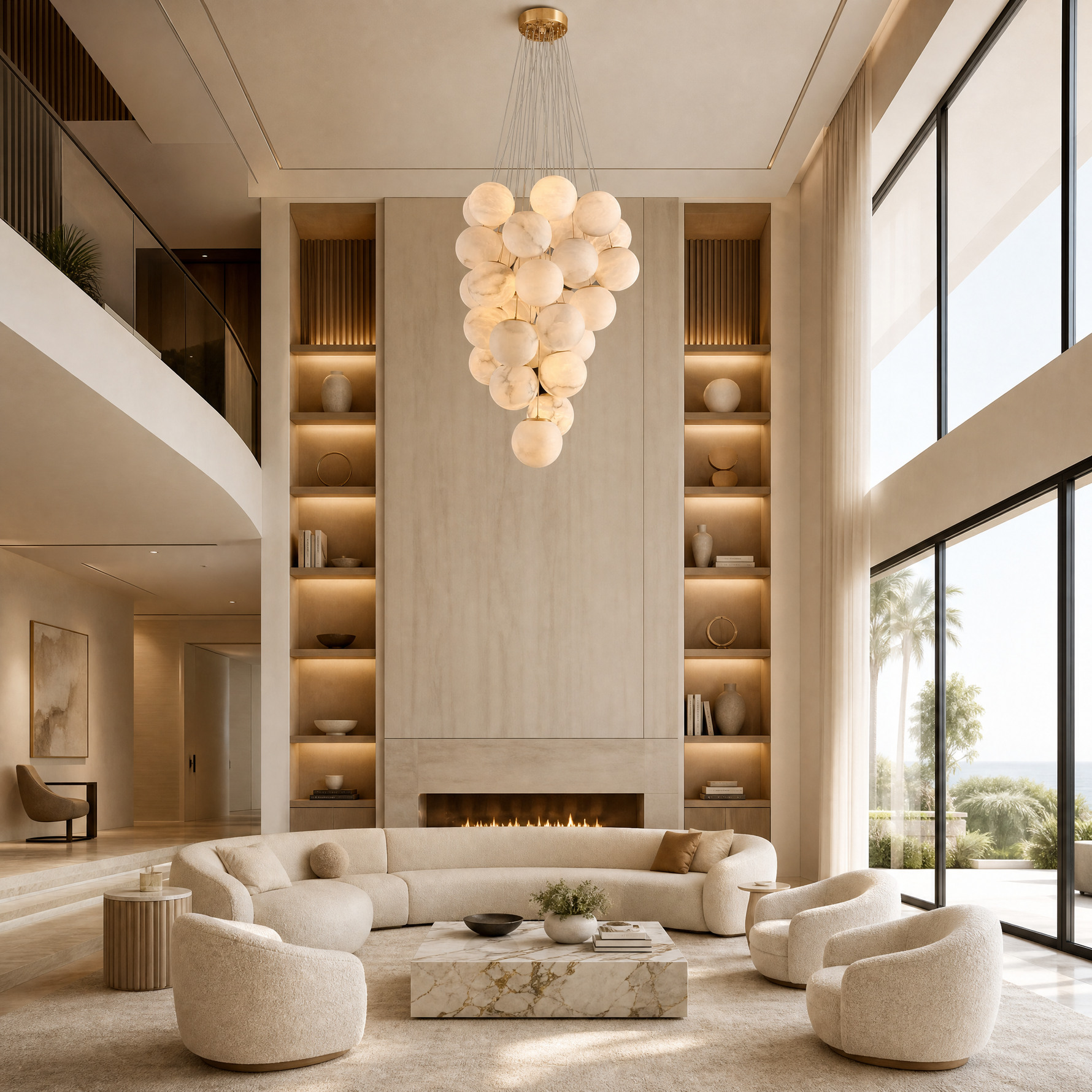Luxury Gold & White Alabaster Globe Chandelier – 39" Diameter