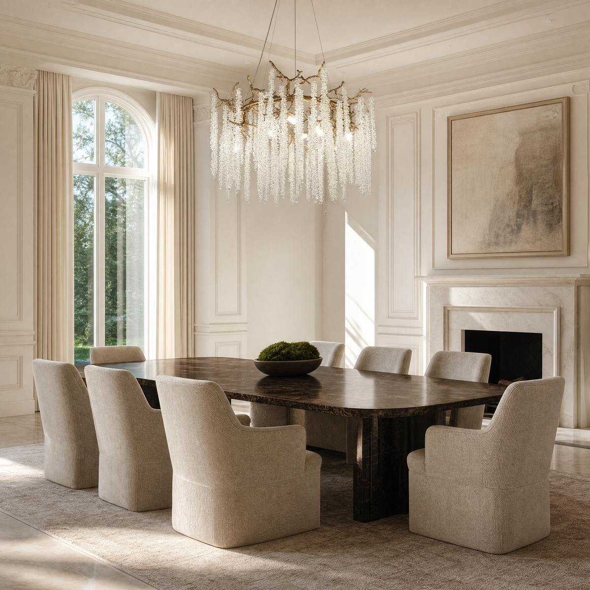 A circular antique gold branch chandelier with cascading crystal bead strands hangs from the ceiling in a lit room.