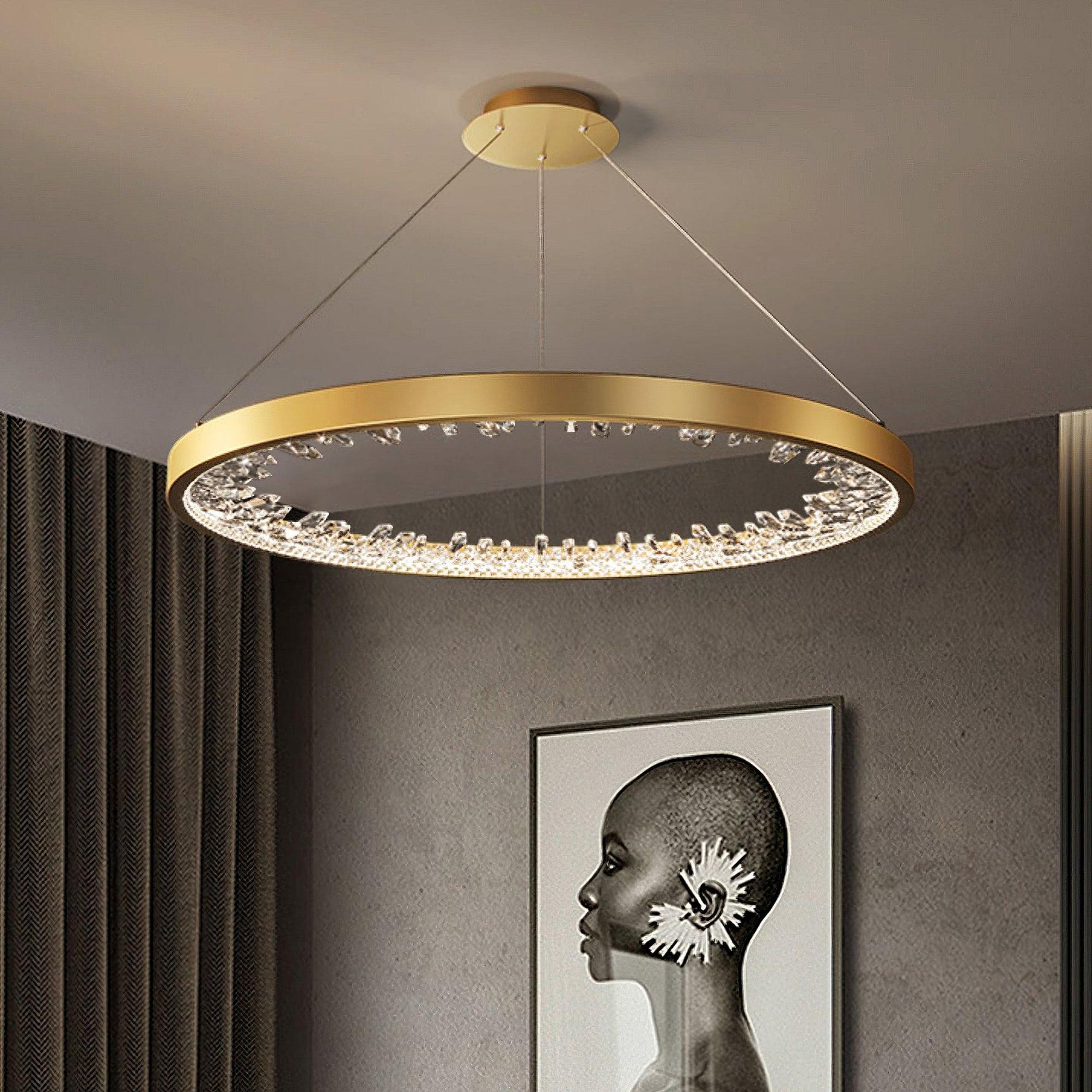 Luxurious Gold Circle Crystal Chandelier with LED Warm Light