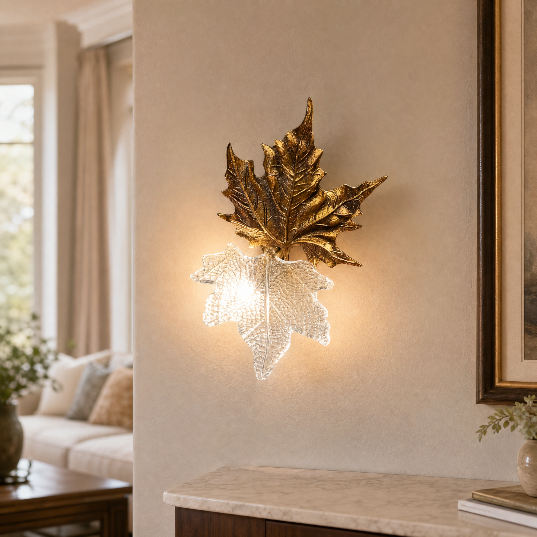 A contemporary wall sconce with a gold metal maple leaf backplate and a textured clear ice-crystal glass shade.