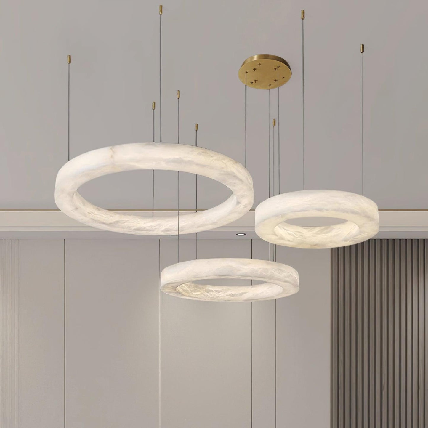 Marika Alabaster Brass & White Alabaster Chandelier – Modern Circular Light