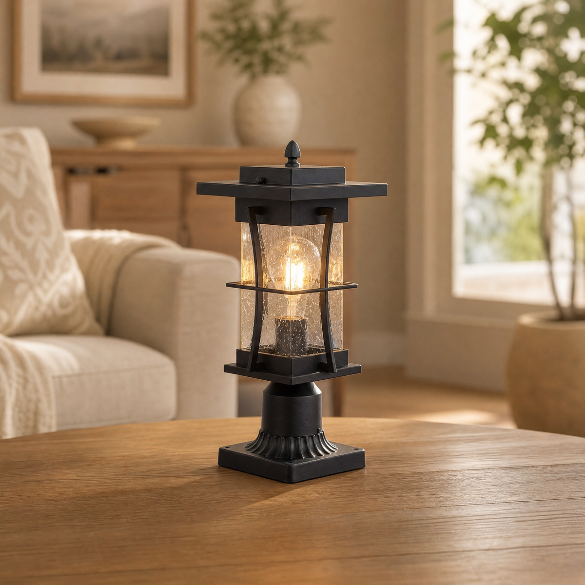 Matte Black Galvanized Iron and Glass Outdoor Post Lantern