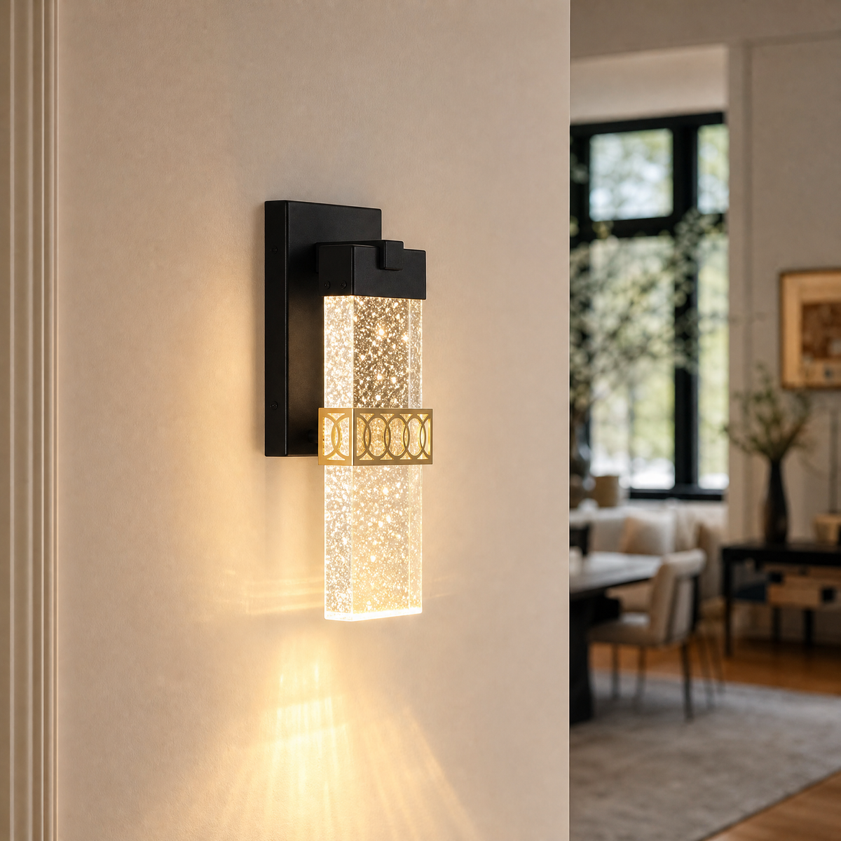 Matte Black Iron and Crystal Column LED Wall Sconce