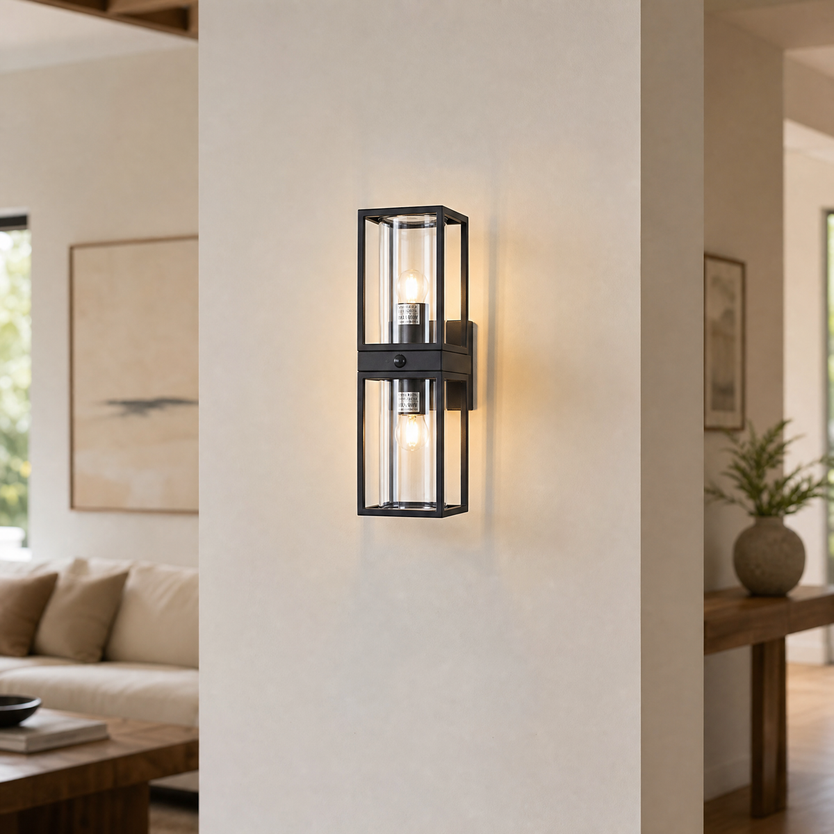 Matte Black Iron and Glass 2-Light Outdoor Wall Lantern