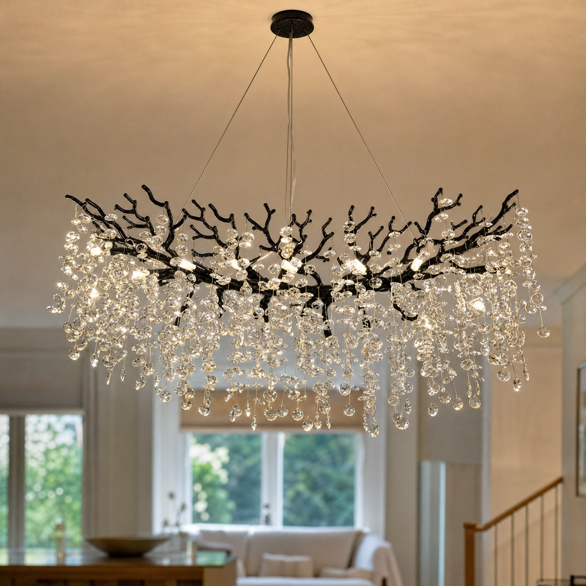 Matte Black Metal and Crystal Branch Chandelier