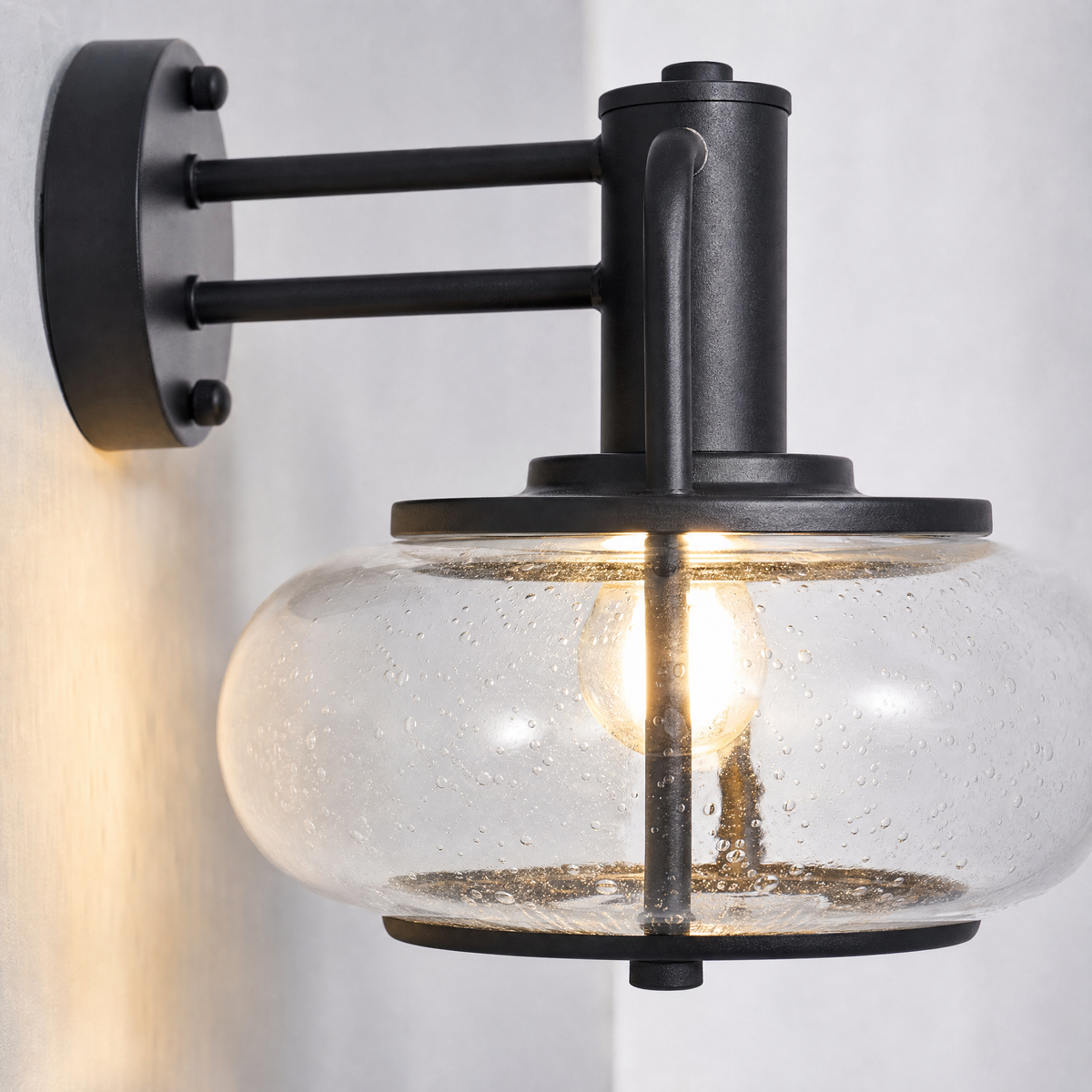 Matte Black Steel and Glass Dome Outdoor Wall Sconce