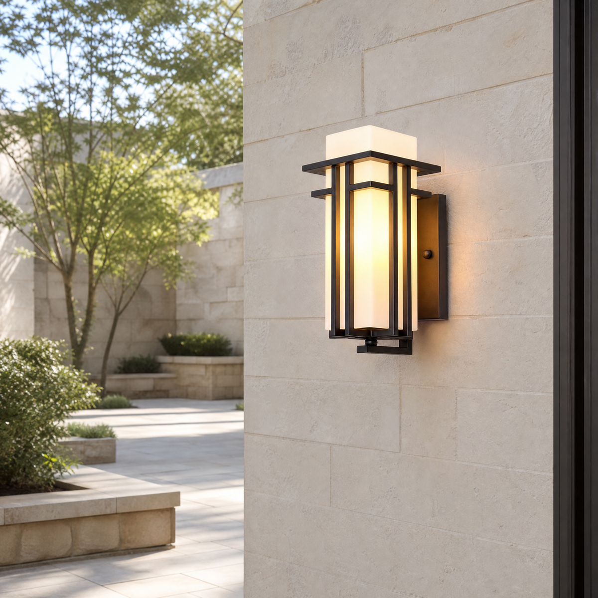 Metal Outdoor Lantern Craftsman Sand Black Iron Frosted Glass 1-Light for Porch Patio