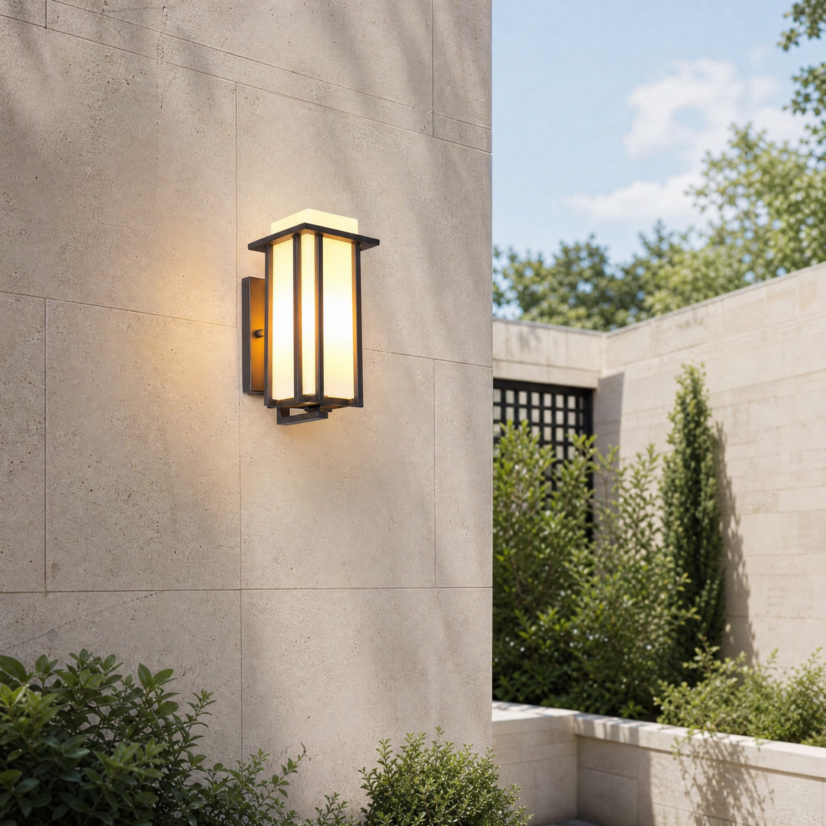 Metal Outdoor Lantern Modern Sand Black Iron Frosted Glass 1-Light for Porch Patio