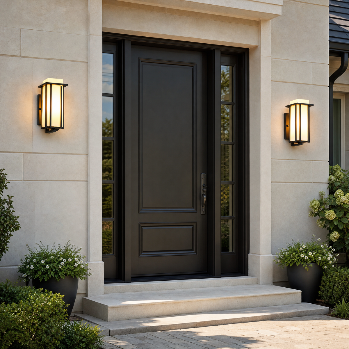 Metal Outdoor Lantern Modern Sand Black Iron Frosted Glass 1-Light for Porch Patio