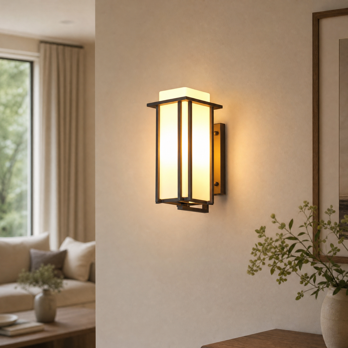 Metal Outdoor Lantern Modern Sand Black Iron Frosted Glass 1-Light for Porch Patio